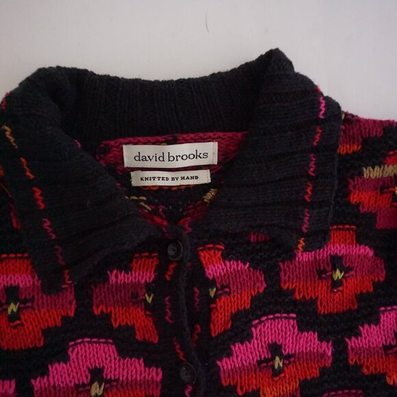 Vintage David Brooks Black Pink Hand Knit Floral Checkered Grandpa Cardigan M - Picture 9 of 9